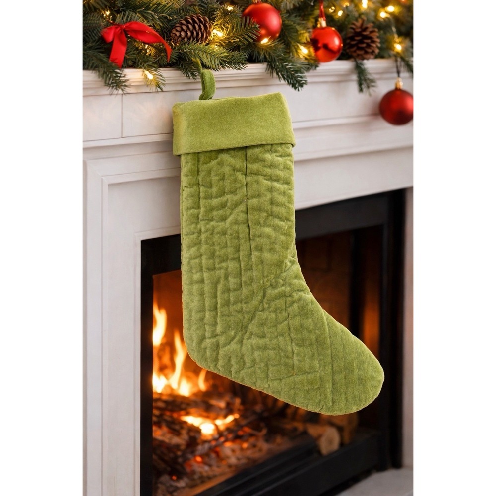 Pottery Barn‎ Green Velvet Quilted Christmas Stocking 16" Cotton Velvet Holiday